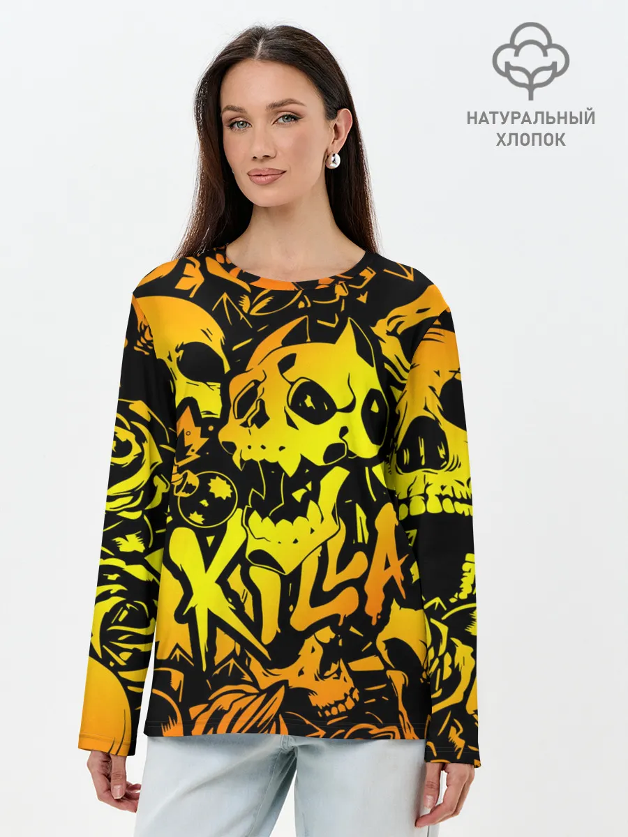 Лонгслив женский. Хлопок / KILLA оранжевые черепа