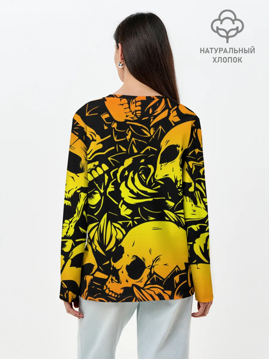 Лонгслив женский. Хлопок / KILLA оранжевые черепа