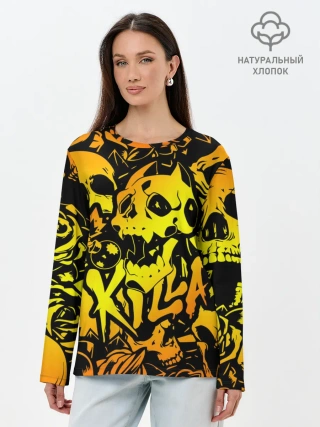 Лонгслив женский. Хлопок / KILLA оранжевые черепа