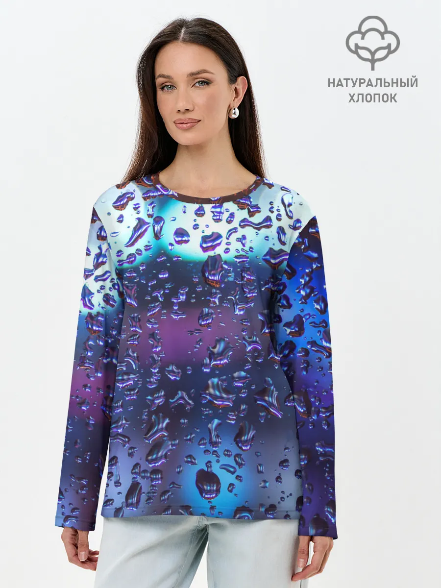 Лонгслив женский. Хлопок / Капли на стекле макро