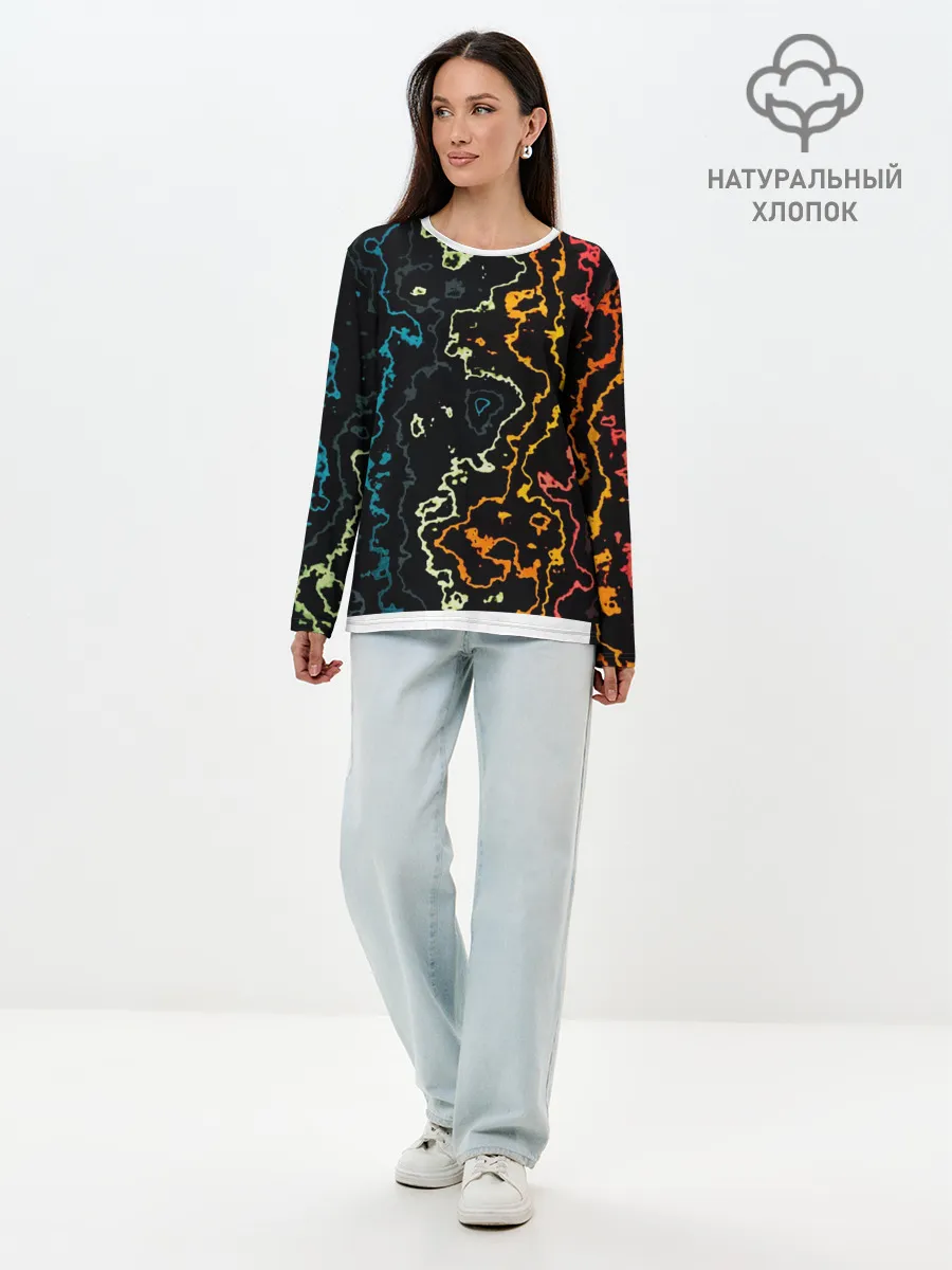 Лонгслив женский. Хлопок / линий,цветной,черный