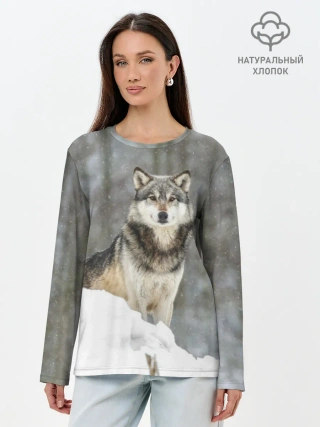 Лонгслив женский. Хлопок / Волк и снег