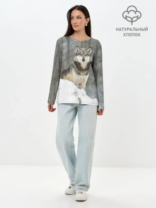 Лонгслив женский. Хлопок / Волк и снег