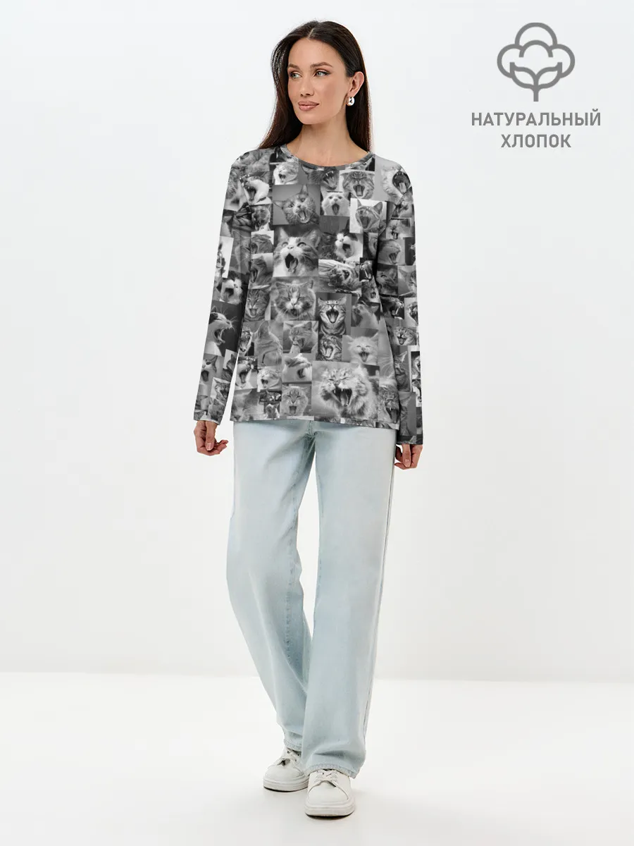 Лонгслив женский. Хлопок / Неко ахегао чб