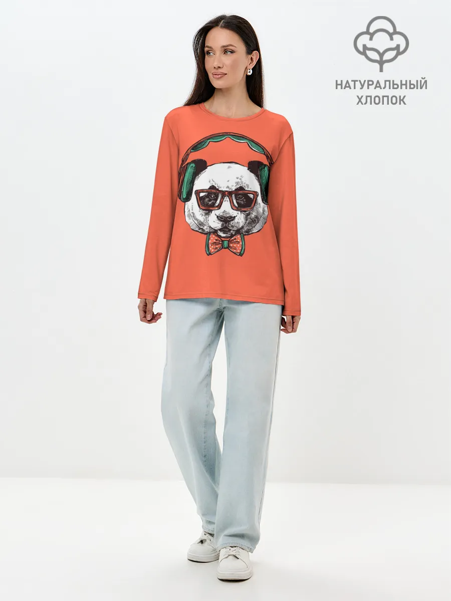 Лонгслив женский. Хлопок / панда-меломан