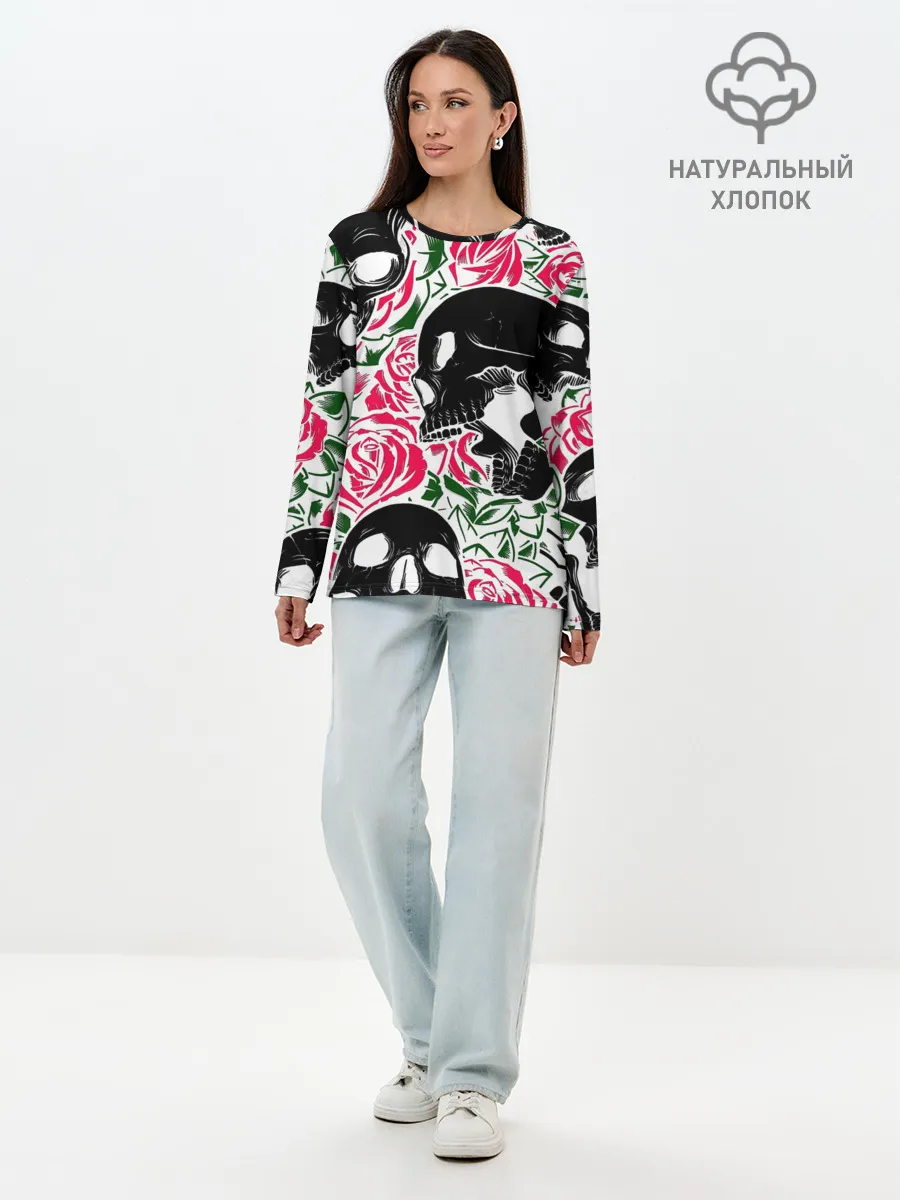 Лонгслив женский. Хлопок / Череп, розы, цветы, зубы