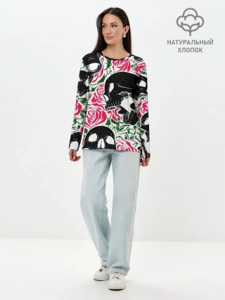 Лонгслив женский. Хлопок / Череп, розы, цветы, зубы