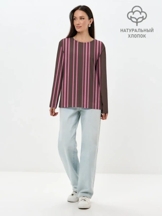 Лонгслив женский. Хлопок / Чёрно-розовые линии