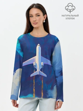 Лонгслив женский. Хлопок / Самолёт на небе