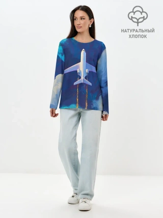 Лонгслив женский. Хлопок / Самолёт на небе
