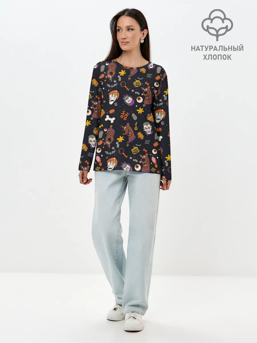 Лонгслив женский. Хлопок / Скуби-Ду Хэллоуин паттерн