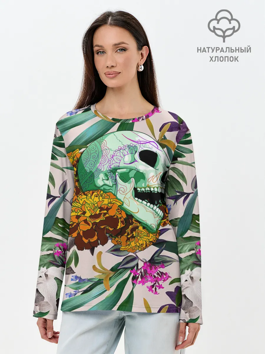 Лонгслив женский. Хлопок / Череп в цветах