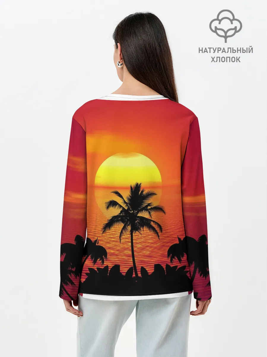 Лонгслив женский. Хлопок / Пальмы на фоне моря