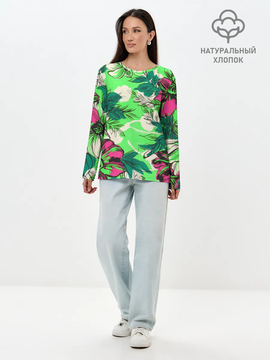 Лонгслив женский. Хлопок / Цветы в неоне