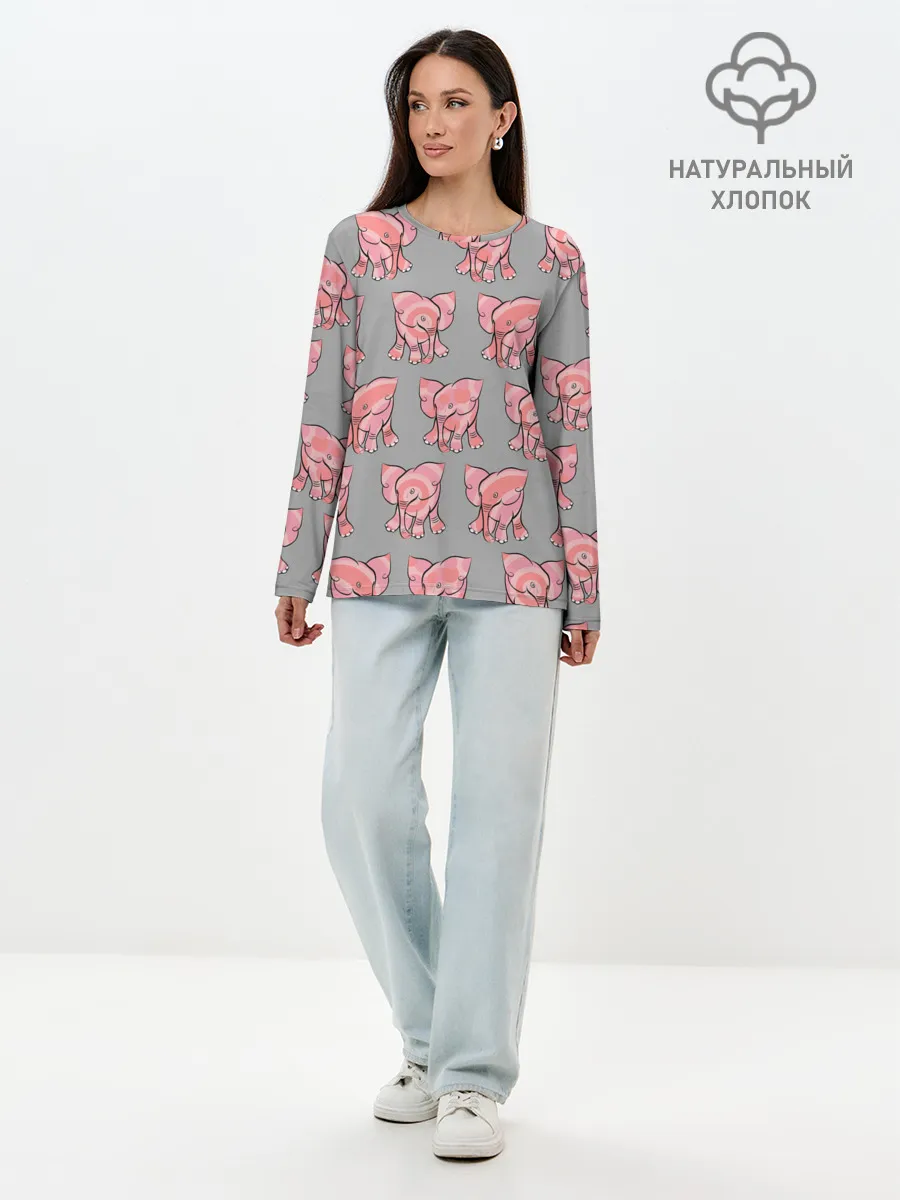 Лонгслив женский. Хлопок / РОЗОВЫЕ СЛОНИКИ ПАТТЕРН