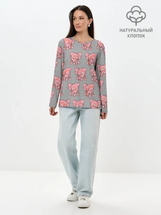 Лонгслив женский. Хлопок / РОЗОВЫЕ СЛОНИКИ ПАТТЕРН