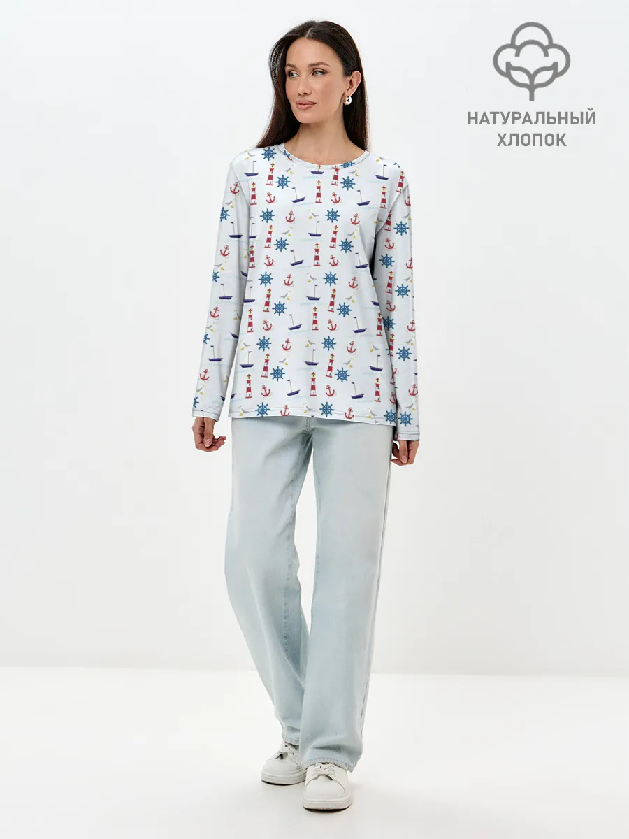 Лонгслив женский. Хлопок / Кораблики да маяки