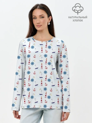Лонгслив женский. Хлопок / Кораблики да маяки