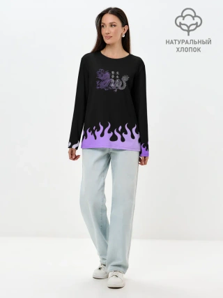 Лонгслив женский. Хлопок / Дракон и огонь