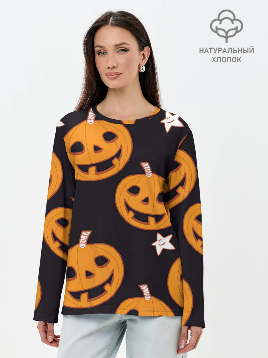 Лонгслив женский. Хлопок / Весёлые тыквы