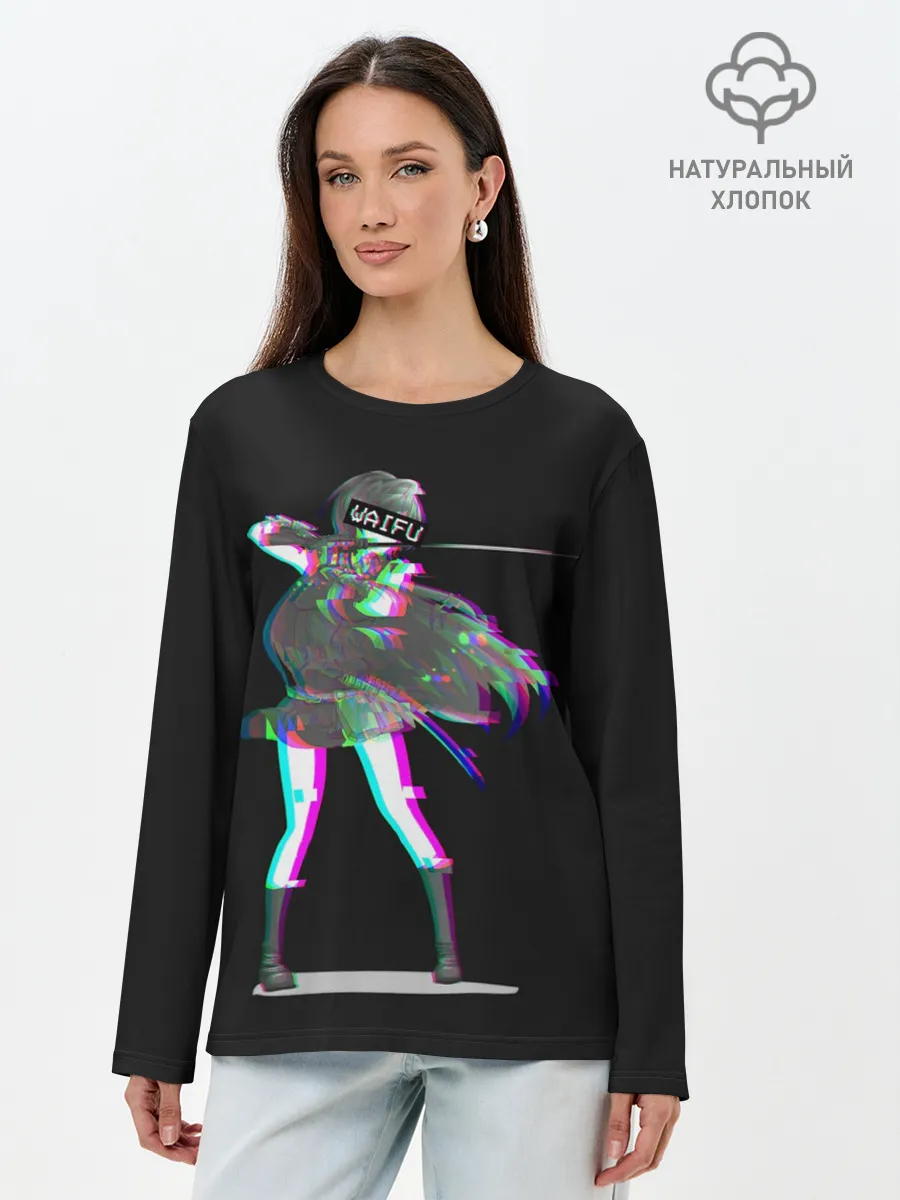 Лонгслив женский. Хлопок / Акаме Глитч на черном
