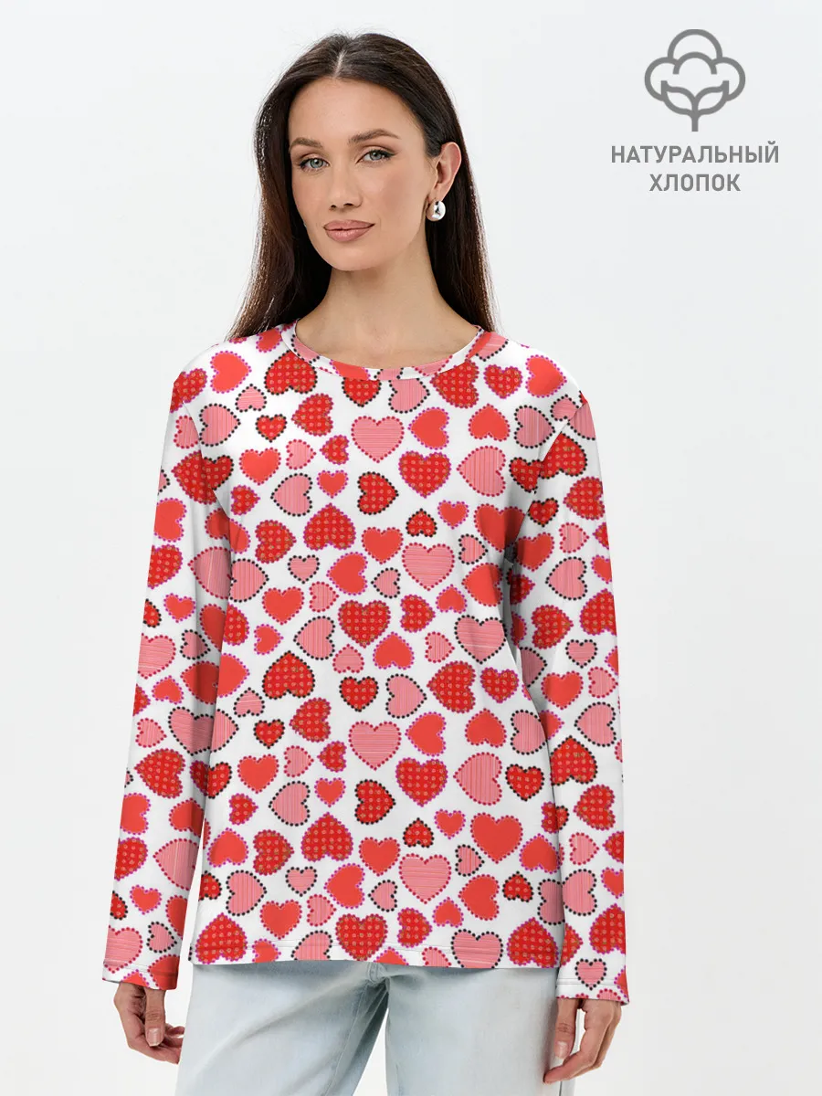 Лонгслив женский. Хлопок / Сердечки паттерн