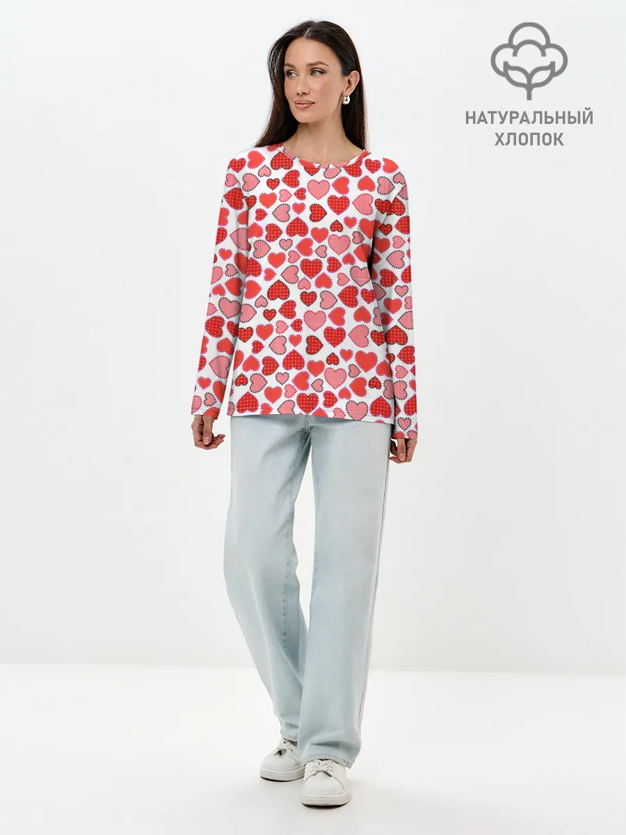 Лонгслив женский. Хлопок / Сердечки паттерн