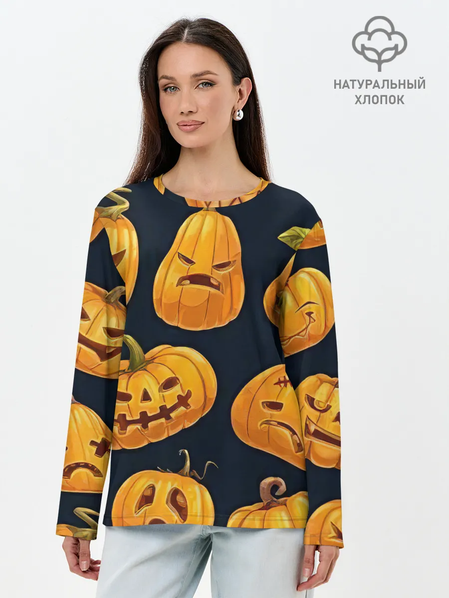 Лонгслив женский. Хлопок / Праздничные тыквы