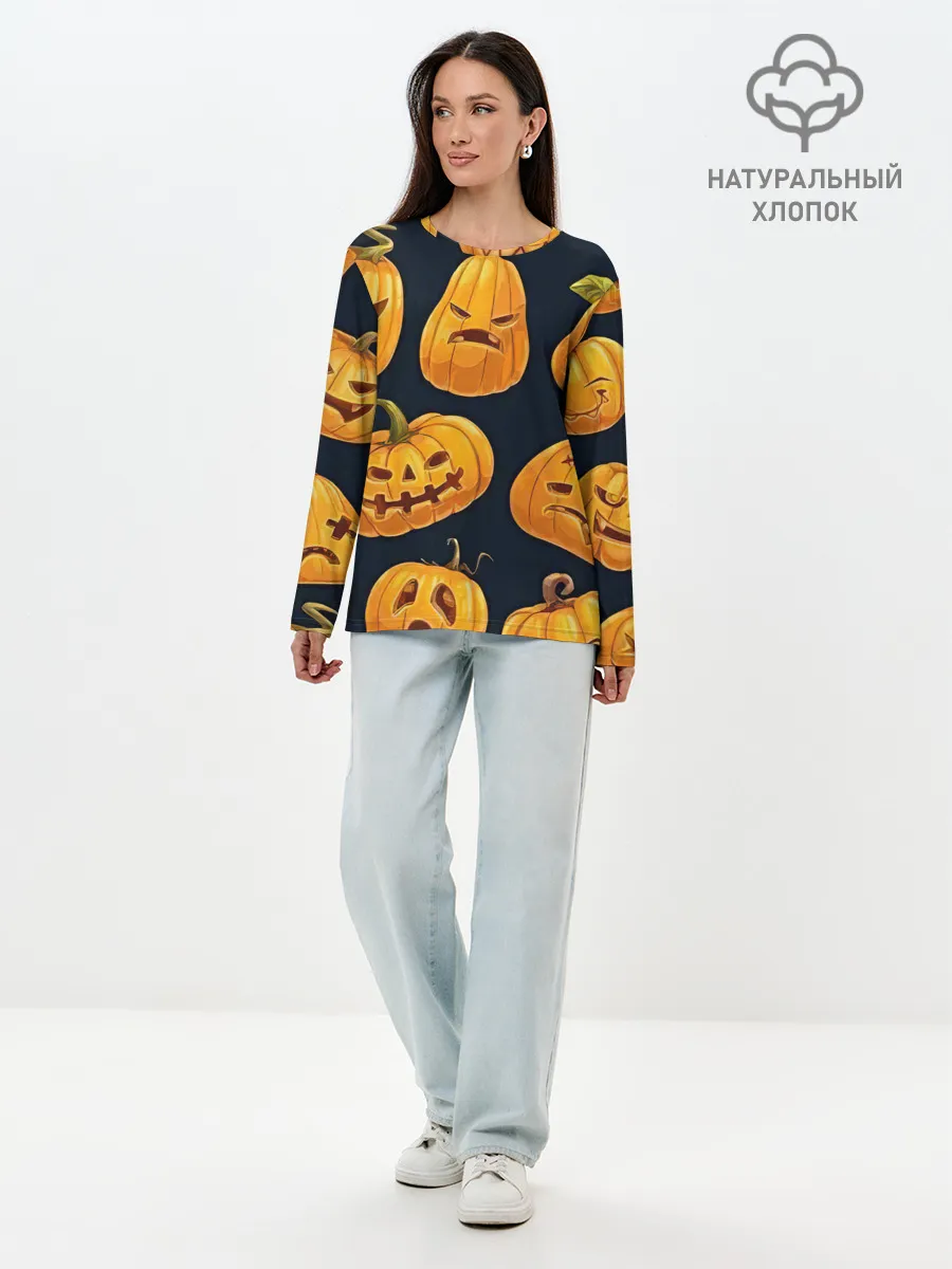Лонгслив женский. Хлопок / Праздничные тыквы