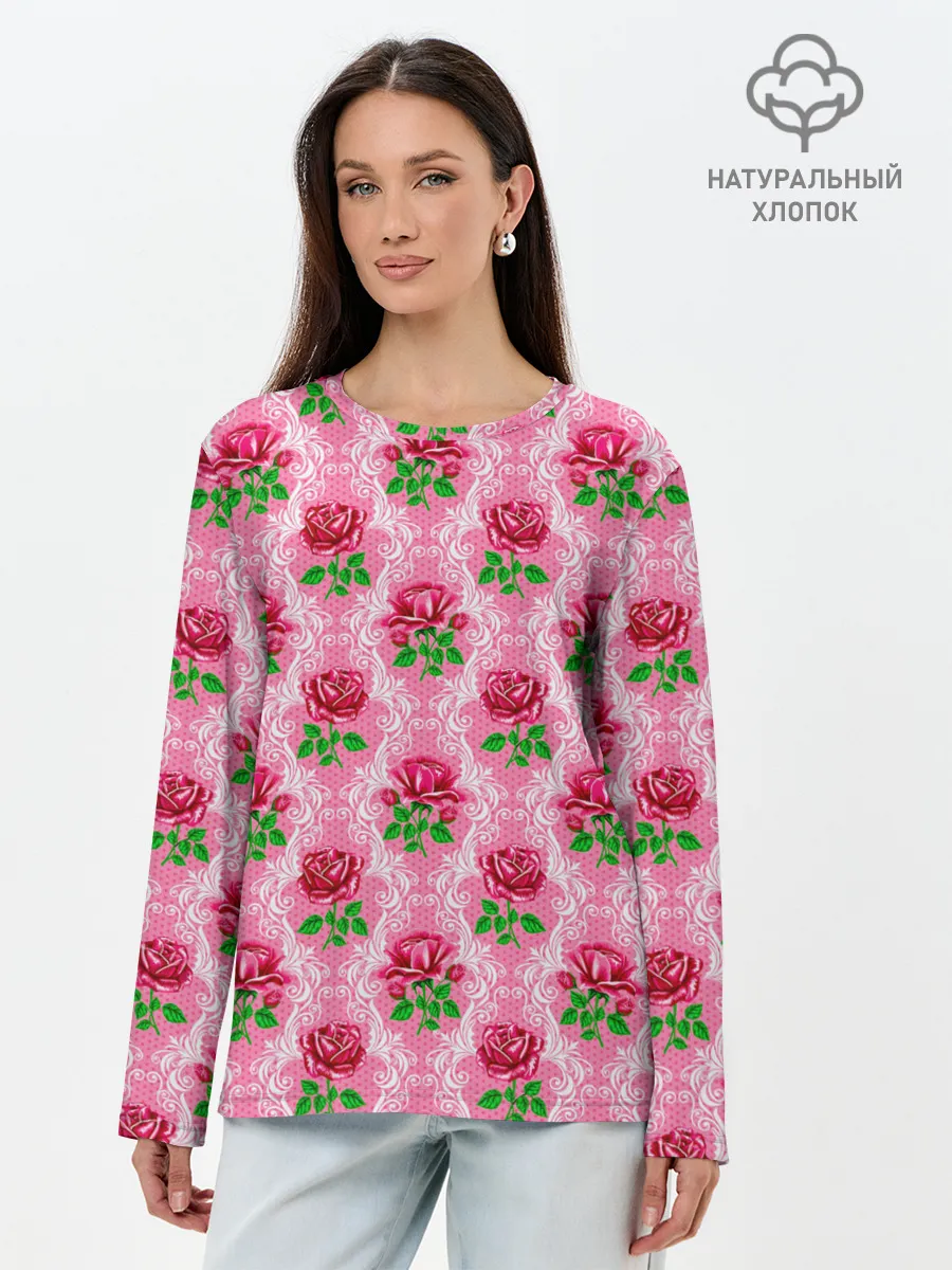 Лонгслив женский. Хлопок / Декор из нежных роз