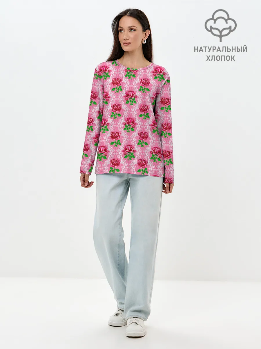 Лонгслив женский. Хлопок / Декор из нежных роз