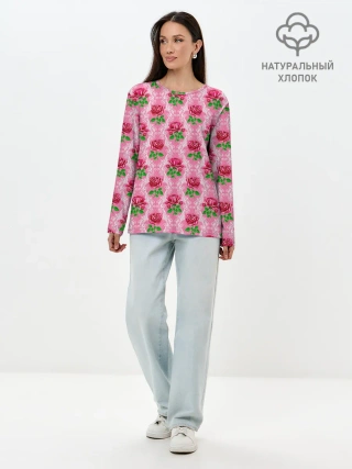 Лонгслив женский. Хлопок / Декор из нежных роз