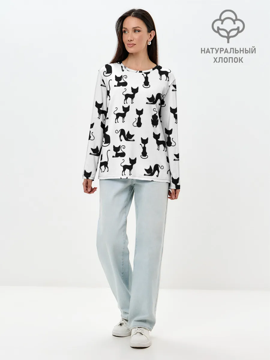 Лонгслив женский. Хлопок / КОШКИ БЕЛОЕ НА ЧЕРНОМ