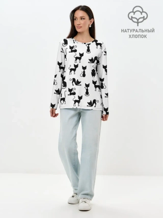 Лонгслив женский. Хлопок / КОШКИ БЕЛОЕ НА ЧЕРНОМ