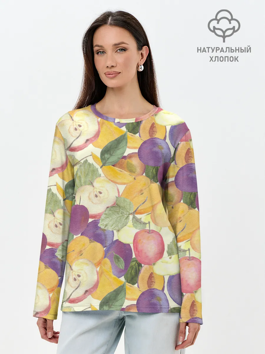 Лонгслив женский. Хлопок / Фрукты. Фруктовый сад
