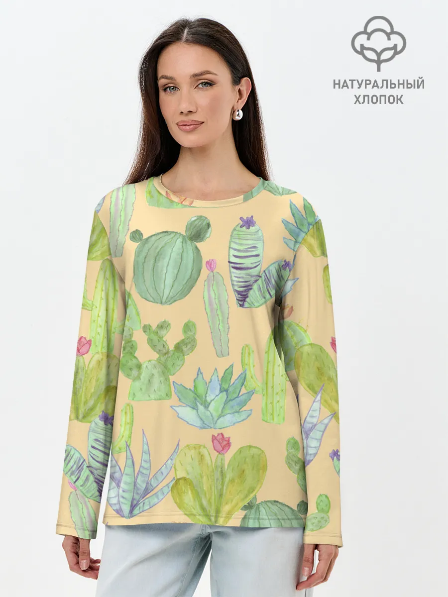 Лонгслив женский. Хлопок / Кактусы в пустыне