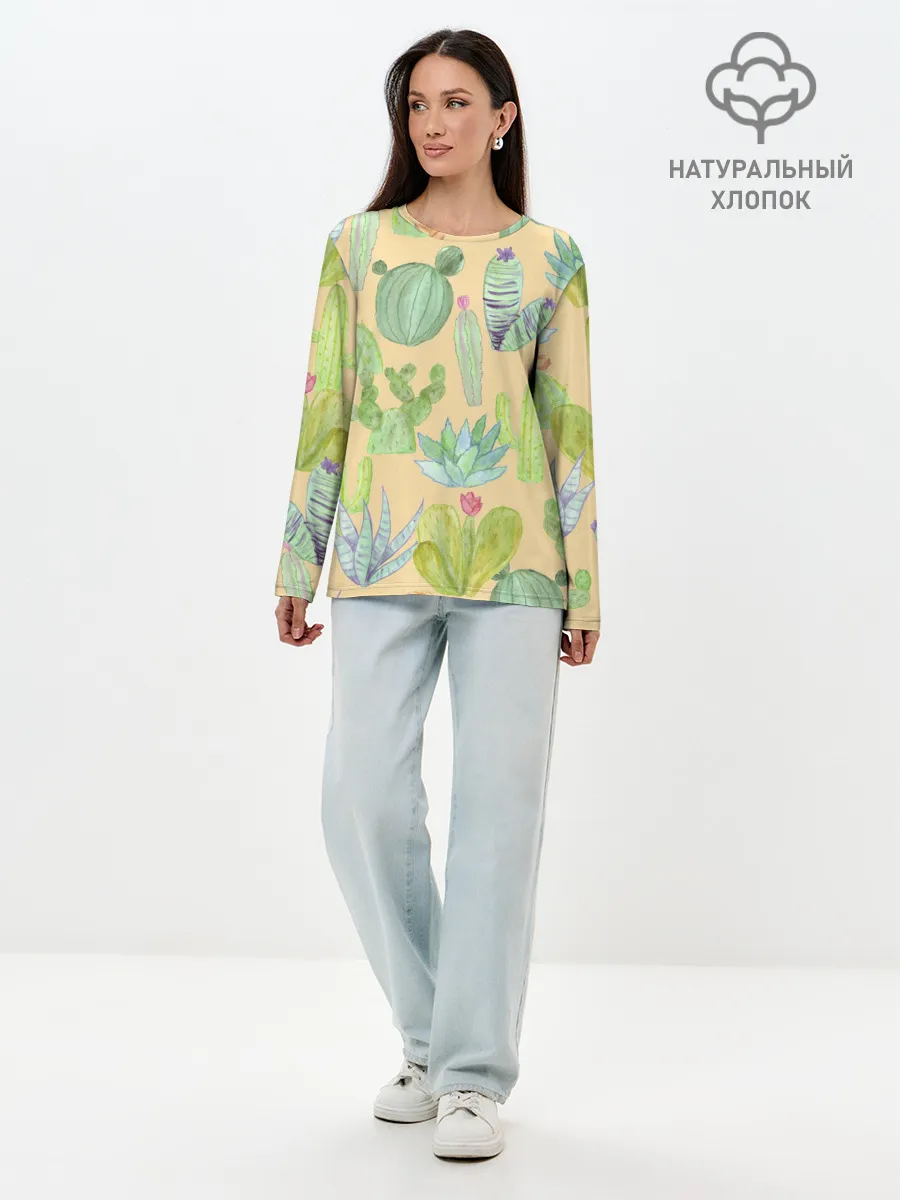 Лонгслив женский. Хлопок / Кактусы в пустыне