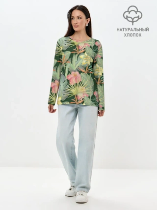 Лонгслив женский. Хлопок / Тропические растения и цветы