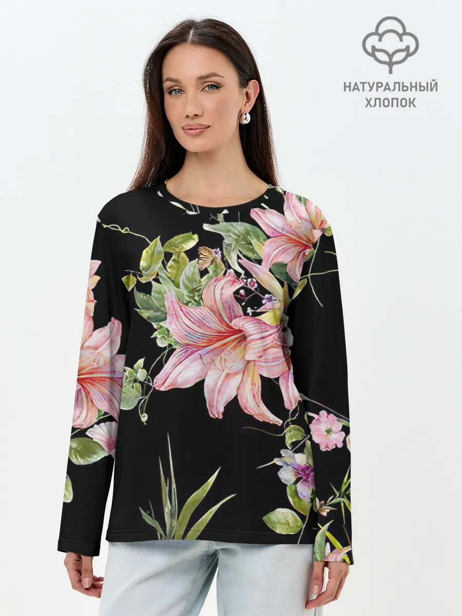 Лонгслив женский. Хлопок / Букет лилий