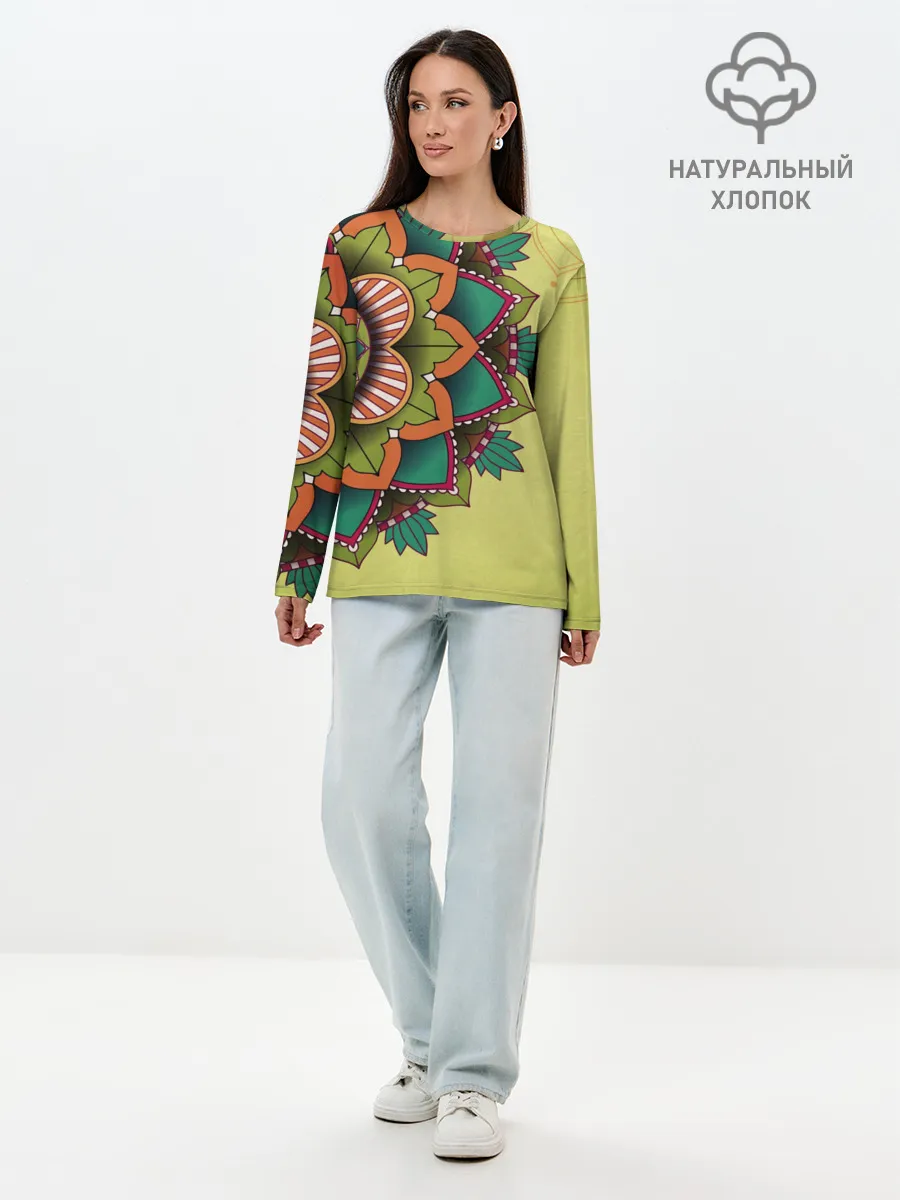 Лонгслив женский. Хлопок / мандала узор тату