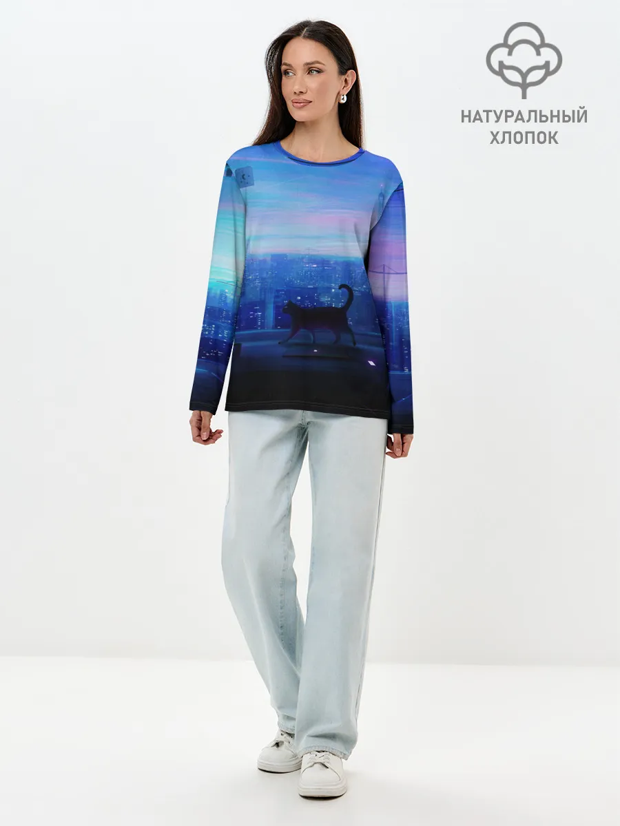 Лонгслив женский. Хлопок / Кошка арт окно