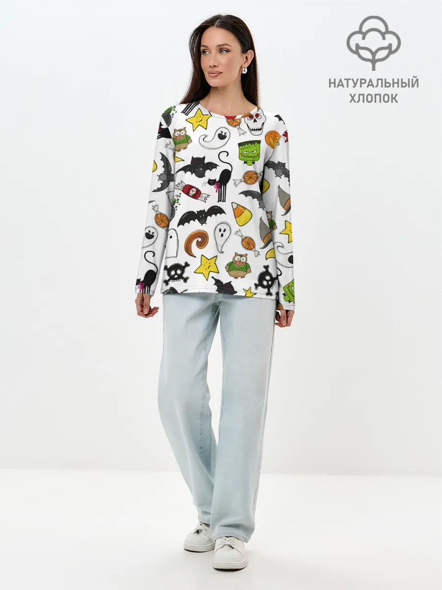 Лонгслив женский. Хлопок / Хэллоуин паттерн