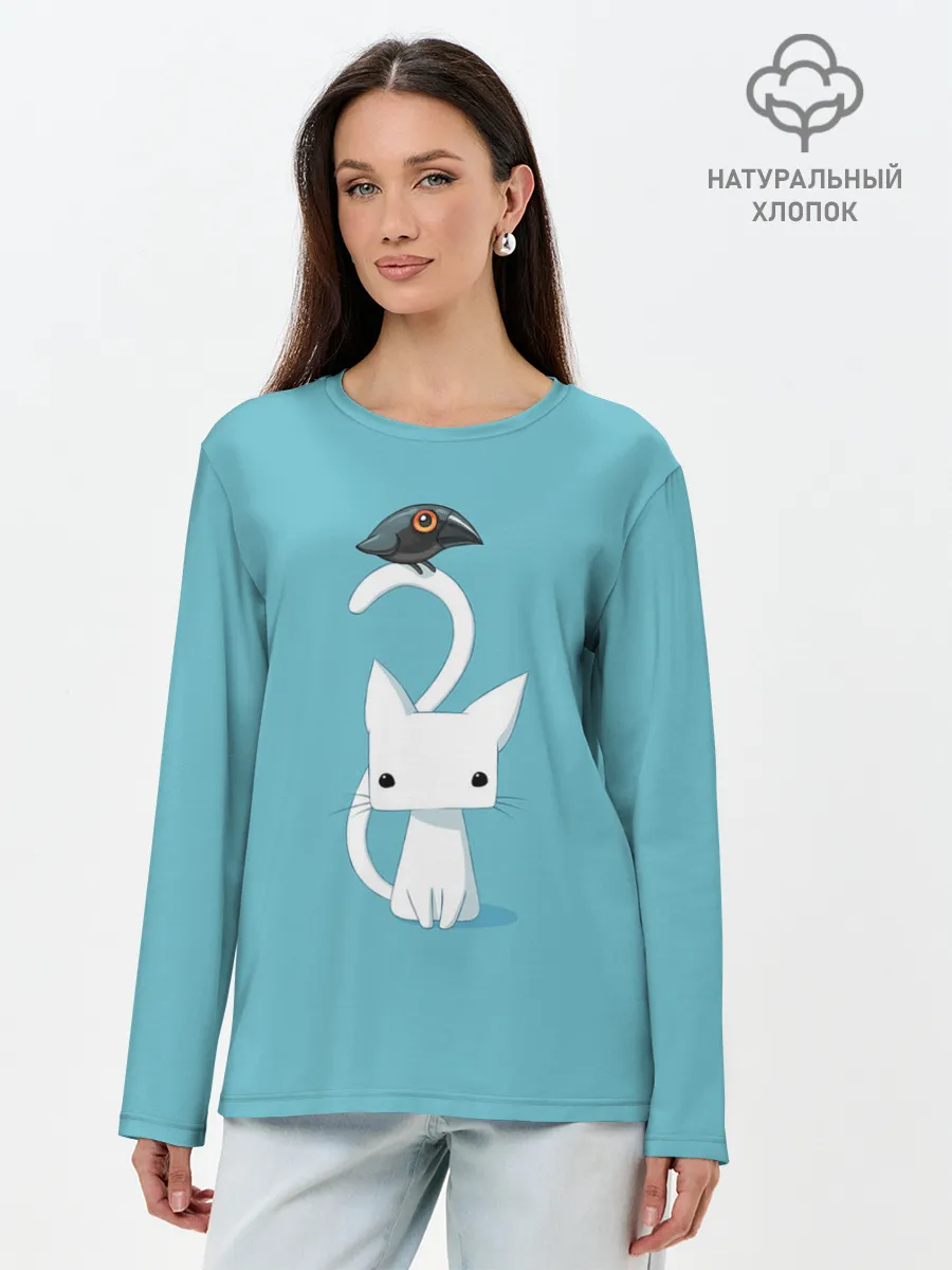 Лонгслив женский. Хлопок / Белый котик и воробушек