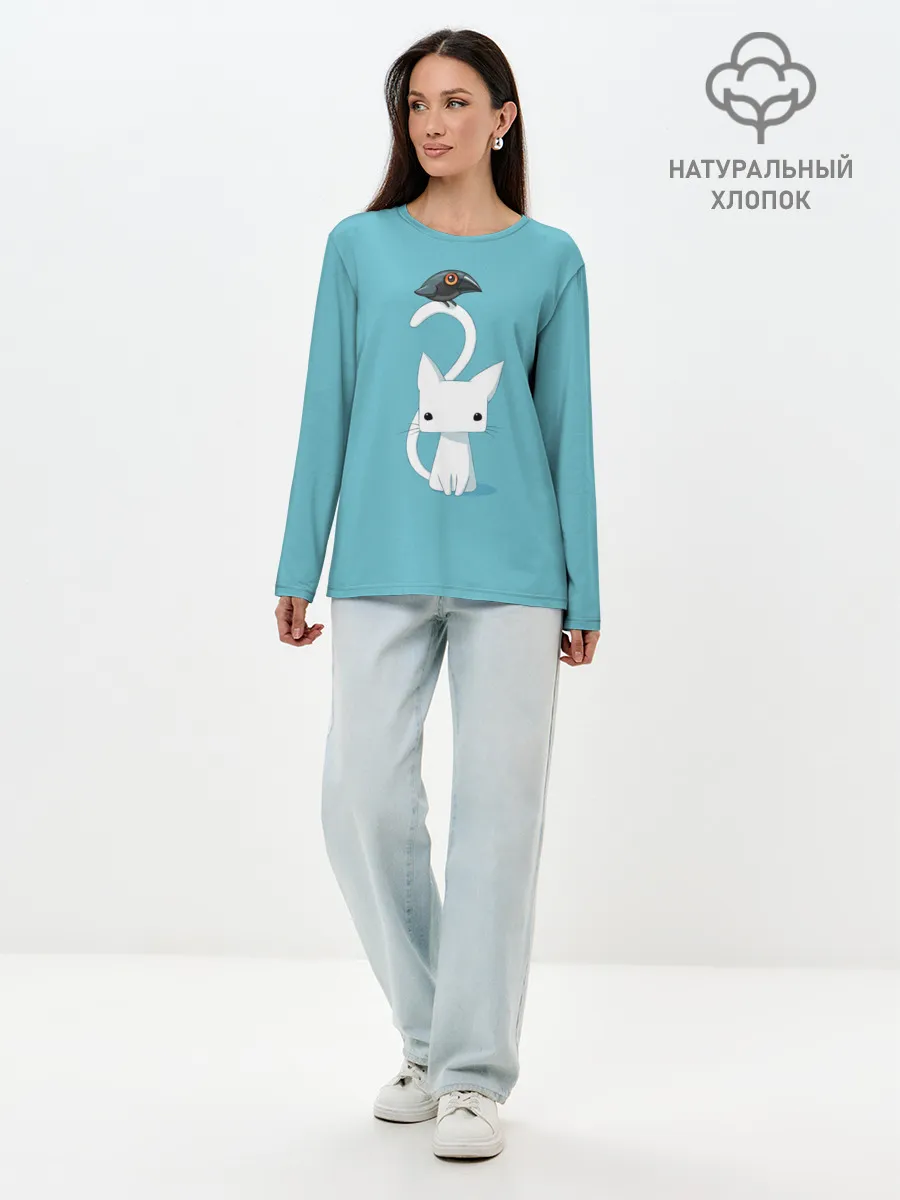 Лонгслив женский. Хлопок / Белый котик и воробушек