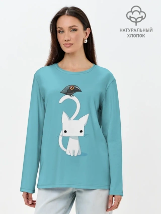 Лонгслив женский. Хлопок / Белый котик и воробушек