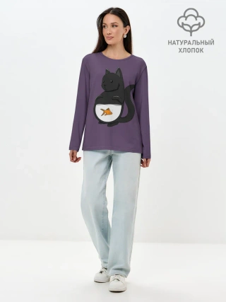 Лонгслив женский. Хлопок / Довольный кот