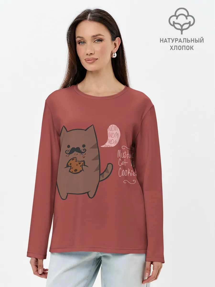 Лонгслив женский. Хлопок / Котик любит печеньки