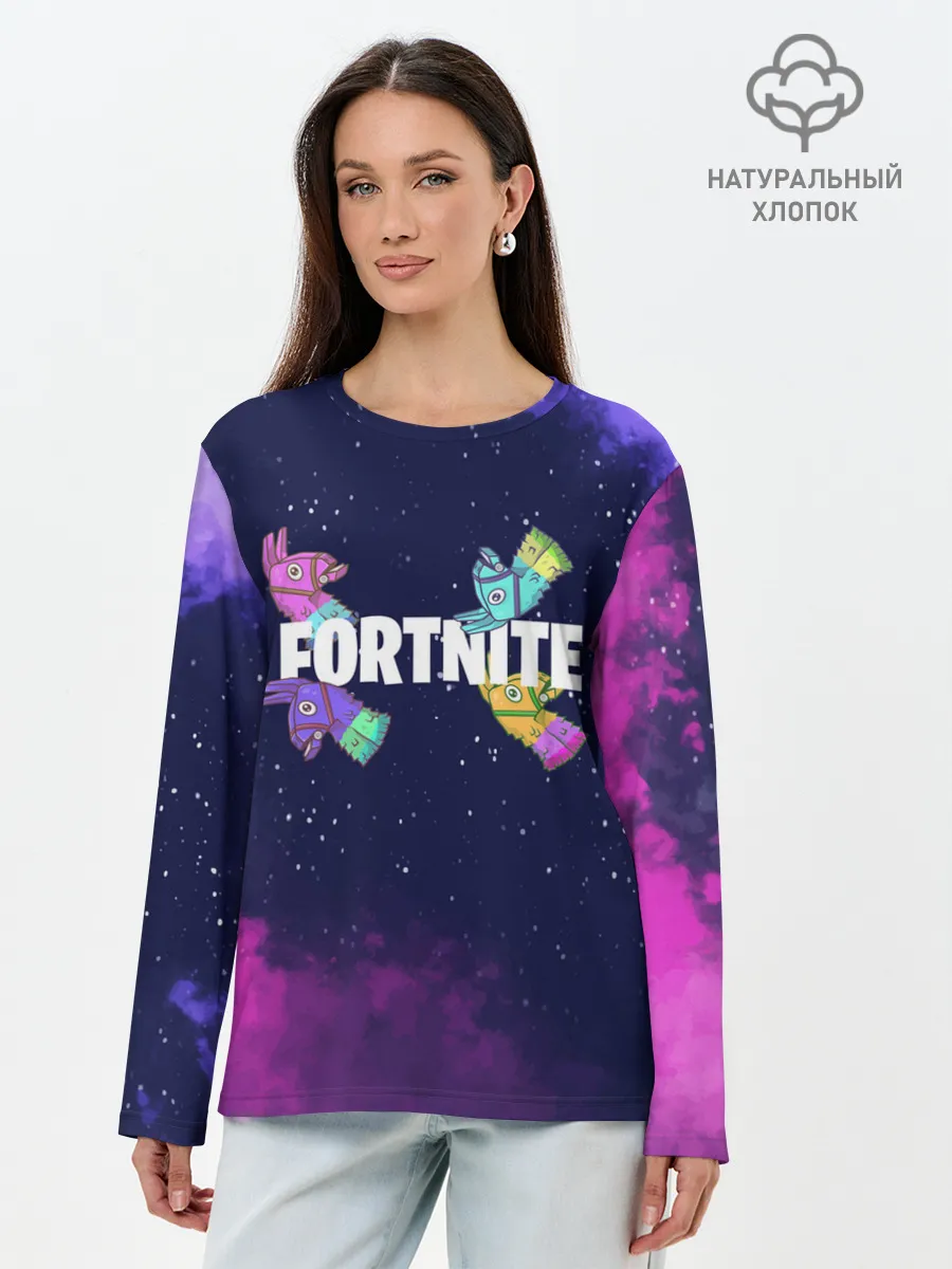 Лонгслив женский. Хлопок / Ламы фортнайт в космосе