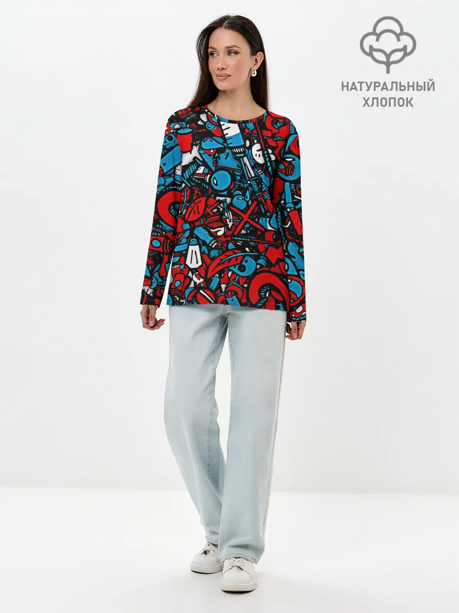 Лонгслив женский. Хлопок / Красно синие безумие