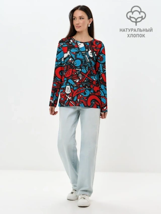 Лонгслив женский. Хлопок / Красно синие безумие